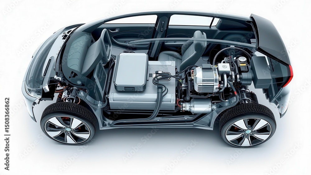 Fototapeta premium Electric vehicle cross section showing lithium-ion battery and powertrain components. Image emphasizes technical structure. Suitable for eco-transport and technology topics.