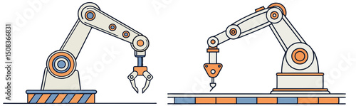 Two industrial robot arms with different end effectors on striped platforms in a factory setting