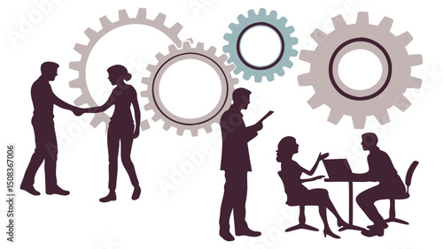 Silhouetted business people interacting with gears representing teamwork and collaboration concept