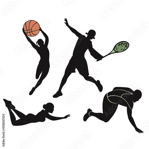 Silhouette illustration of four athletes engaged in different sports activities on a white background