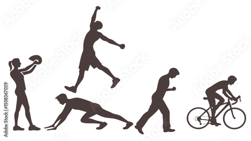 Silhouettes of people engaged in various physical activities including cycling running and jumping high