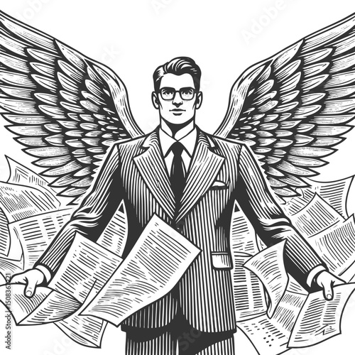 businessman angel with wings and halo moral leadership in business sketch engraving generative ai fictional character vector illustration. Scratch board imitation. Black and white image.