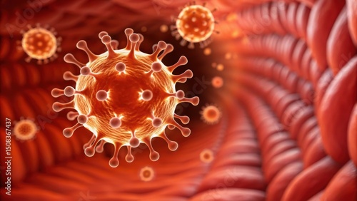 Leaky Gut concept. Microscopic view of viruses in a blood vessel illustration.