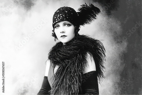 Vintage portrait of woman in flapper dress, feather boa, and 1920s style headwear