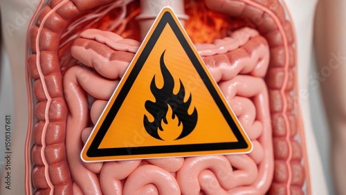 Leaky Gut concept. Warning sign placed on human digestive system model depicting health issues.