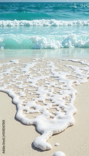 Textured white sand, dynamic wave formations, natural light, coastal, bright, background