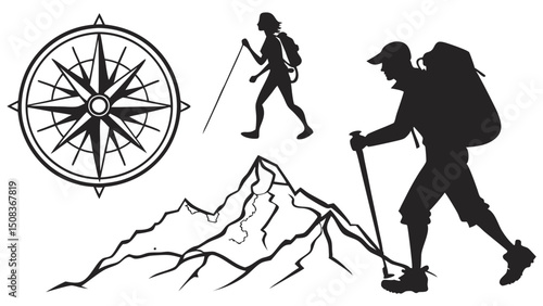 Silhouette image showing two hikers with backpacks, mountains, walking sticks and a compass rose