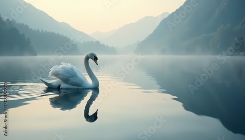 Swan's elegant silhouette perfectly mirrored on a tranquil lake; hazy horizon , dusk, muted