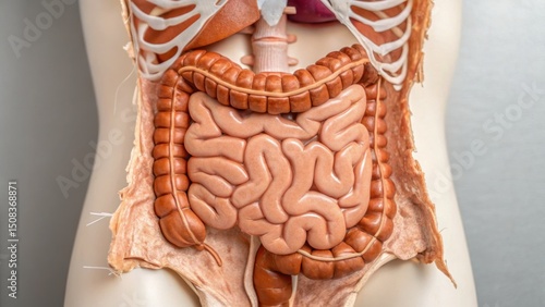 Leaky Gut concept. Anatomical model showcasing human digestive system details.
