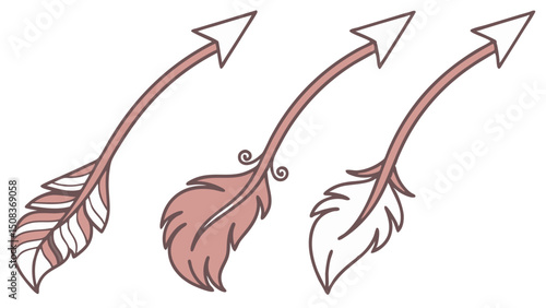 Three decorative arrows with feather fletchings in shades of pink and white on a white background