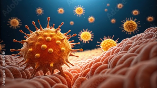 Leaky Gut concept. Microscopic view of viruses interacting with cells in a laboratory setting.