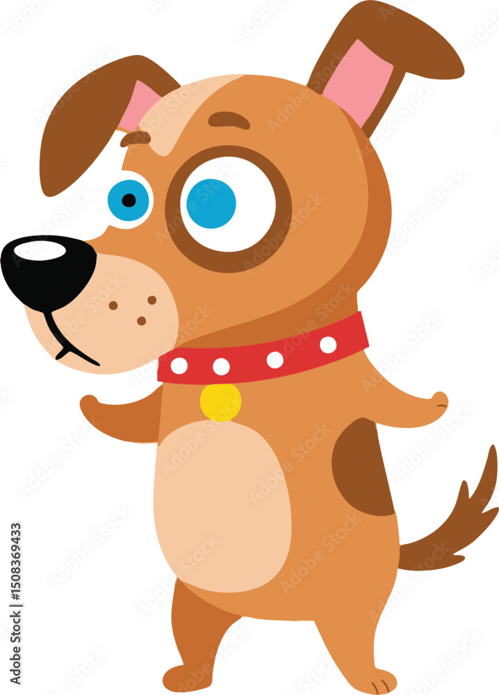 Fototapeta premium Cartoon dog standing with a red collar and yellow bell