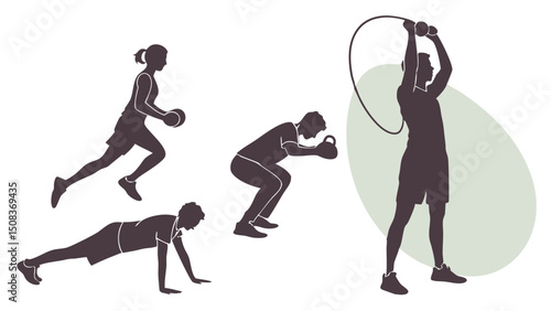 Silhouette of people doing different exercises like running pushups and weightlifting