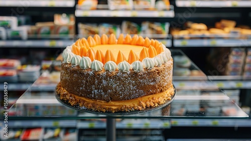 A classic carrot cake sits on an empty supermarket shelf, its orange hues vibrant against the empty backdrop