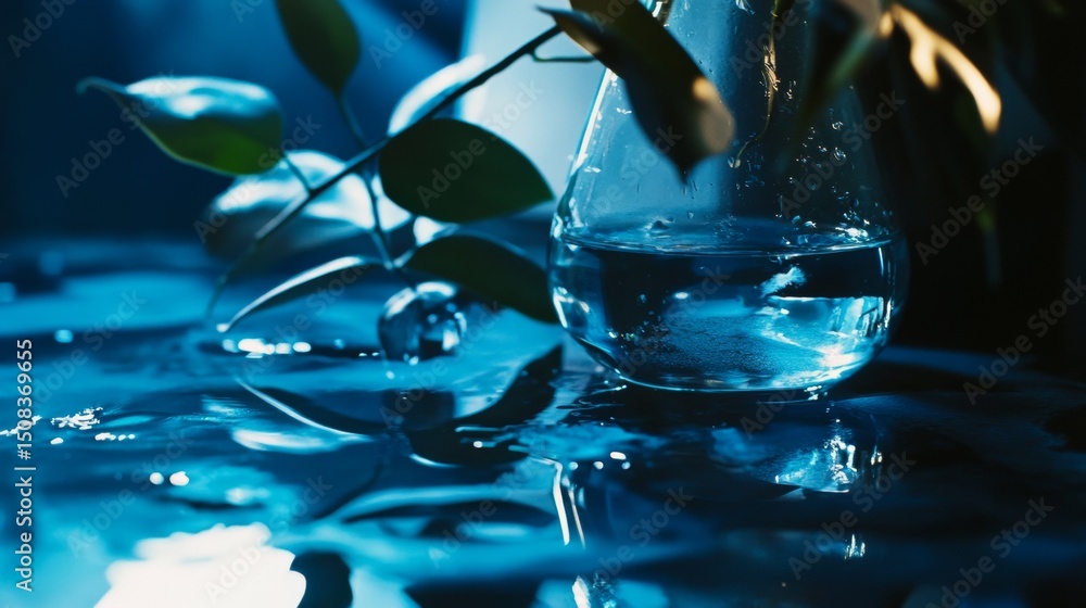 custom made wallpaper toronto digitalWater glass with leaves and reflections in night light moody wet tabletop beverage artistic photo scene