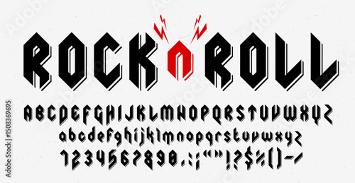Hard rock metal font, music heavy band typeface, punk tattoo type, strong abc alphabet vector typography. Rock and roll or black metal music font letters and numbers with red lightnings, tattoo type