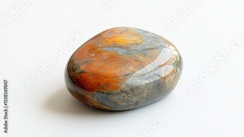 Polished, smooth, oval-shaped gemstone exhibiting swirling patterns of orange, yellow, grey, and brown hues on a bright white background.  The stone displays a high gloss finish, reflecting light