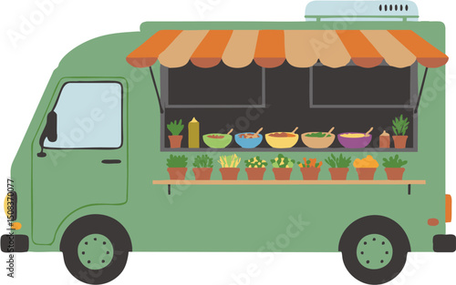 Green food truck with striped awning displaying potted plants and bowls of food