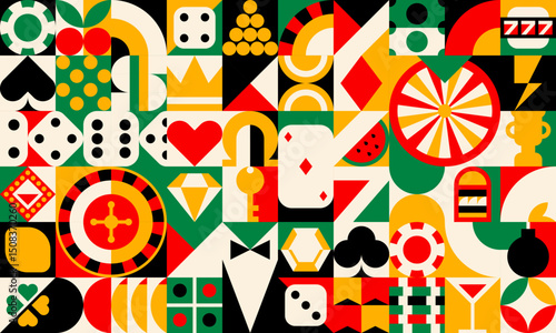 Casino poker gambling game geometric pattern with cards, chips, dice, roulette and gambling icons. Abstract retro layout featuring diamonds, hearts, spades, club suits, jackpot, wheel and martini