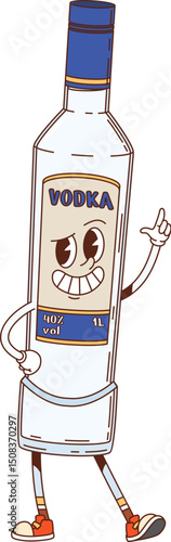 Vodka beverage bottle groovy happy character. Party alcohol drink bottle cute retro vector character, distilled booze funny vintage personage. Vodka bar or pub spirit beverage cheerful groovy mascot