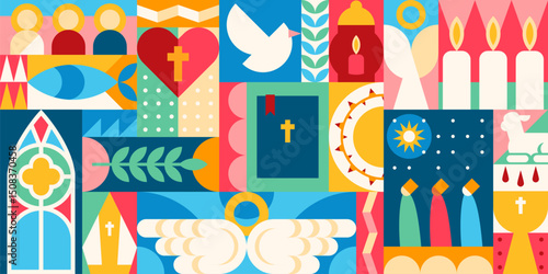 Geometric Christianity pattern. Vector Christian religious symbols in a geometric motif, includes elements like candles, angel wings, cross, and dove. spiritual, modern and festive modular background