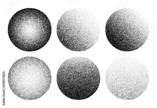 Round noise grain and stipple dot sphere shapes with gradient pattern, abstract vector. Stipple noise grain spheres with sand spray effect of brush texture, round shapes with white and black halftone