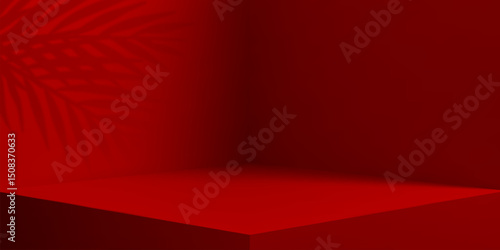 3D red corner wall room with palm shadow and podium, vector studio background. Realistic empty red room interior with palm leaf shadow on wall for product display podium or showcase background