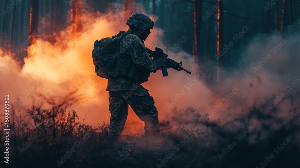Naklejka premium Equipped Soldier is Moving Through Smokey Forest