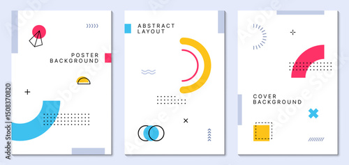 Memphis posters with geometric shapes and abstract modern color elements, vector backgrounds. Memphis poster layouts set with retro geometric shapes or isometric line elements of minimal figures
