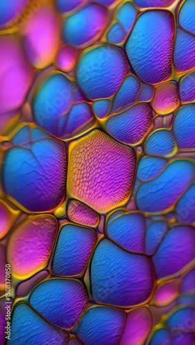 Colorful abstract bubbles with intricate textures reflecting light in vibrant hues of blue, purple, and gold
