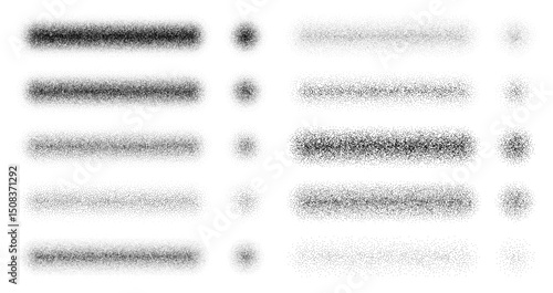 Stipple grain noise brushes with paint spray or sand dust texture, vector set. Noise grain brush templates for drawing with stipple dots or dotwork gradient with particle spray scatter brush effect