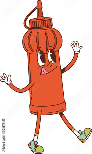 Cartoon groovy ketchup squeeze sauce bottle character walking with smiling tongue out and waving hands. Vector retro food container with fun and nostalgic funky y2k vibe culinary and kitchen personage