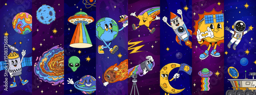 Cartoon groovy space characters collage. Vector happy planets, astronaut, ufo, rocket, sun, moon, alien and stars with retro vibes. Fun cosmic y2k funky, vintage personages exploring the universe