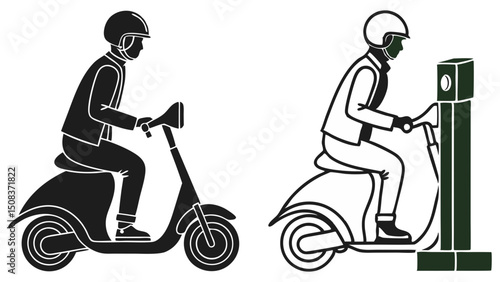 Two scooters with riders wearing helmets one parked at a charging station in black and white style