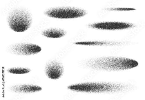 Shadows oval and circles with grain noise or stipple dots texture, vector shade effects. Realistic circle shadows with noise grain gradient, sand dotwork or paint spray for oval objects shadow effect