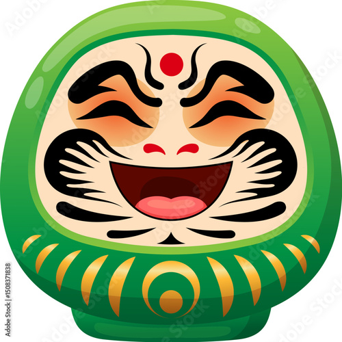 Cartoon Japanese green daruma doll with cheerful expression, bold eyebrows, yellow decorative patterns, red dot on forehead and expressive face, symbolizing perseverance and good luck in Japan culture