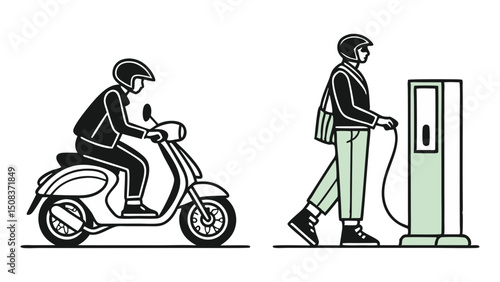 A person riding a scooter and another person charging an electric vehicle at a charging station