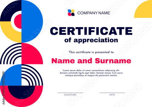 Business certificate template with geometric abstract background, vector diploma. Certificate of appreciation or diploma award layout template with modern geometric shapes pattern background