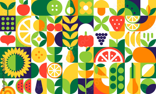 Organic food geometric pattern with fruits, vegetables, herbs and farm plants. Modern vector tile, modular background, abstract layout with lemon, apple, grape, strawberry, carrot and sunflower grid
