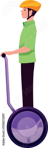 Young man ride gyroscooter segway with handle vector, cartoon teenager in a helmet on electric scooter, ECO transport
