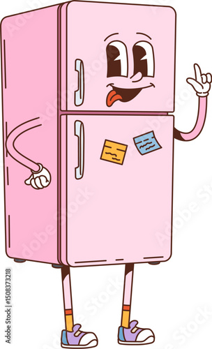 Cartoon groovy refrigerator character with playful expression, magnets on the door and dynamic hand gesture. Vector pink retro fridge kitchen appliance, food storage personage with hippie Y2k vibe