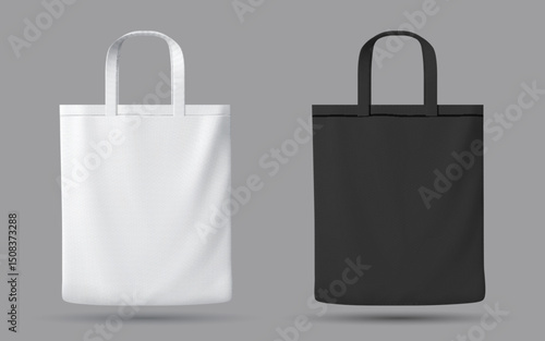 Tote bag mockup. Realistic 3d vector templates of two plain tote bags, one black and one white, for branding, print design presentation, eco friendly product promotions and reusable bag advertisements