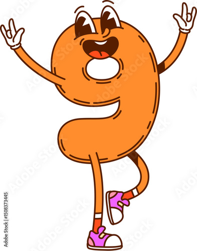 Groovy math number nine cartoon character. Vector funky 9 personage. Digit for children education or playful learning with big eyes and smiling expression, featuring bold lines and bright orange color