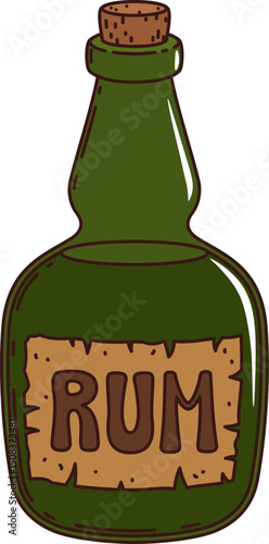 Cartoon groovy pirate and corsair rum bottle, retro green glass flask with cork stopper, rugged emblem and narrow neck. Isolated vector alcohol drink bottle holds the essence of daring adventures