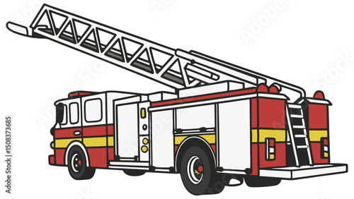 Vector illustration of a firefighter truck featuring a large water hose, ladder, and other emergency equipment details