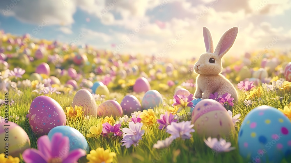 Obraz premium A springtime meadow brimming with colorful eggs and a fluffy bunny.
