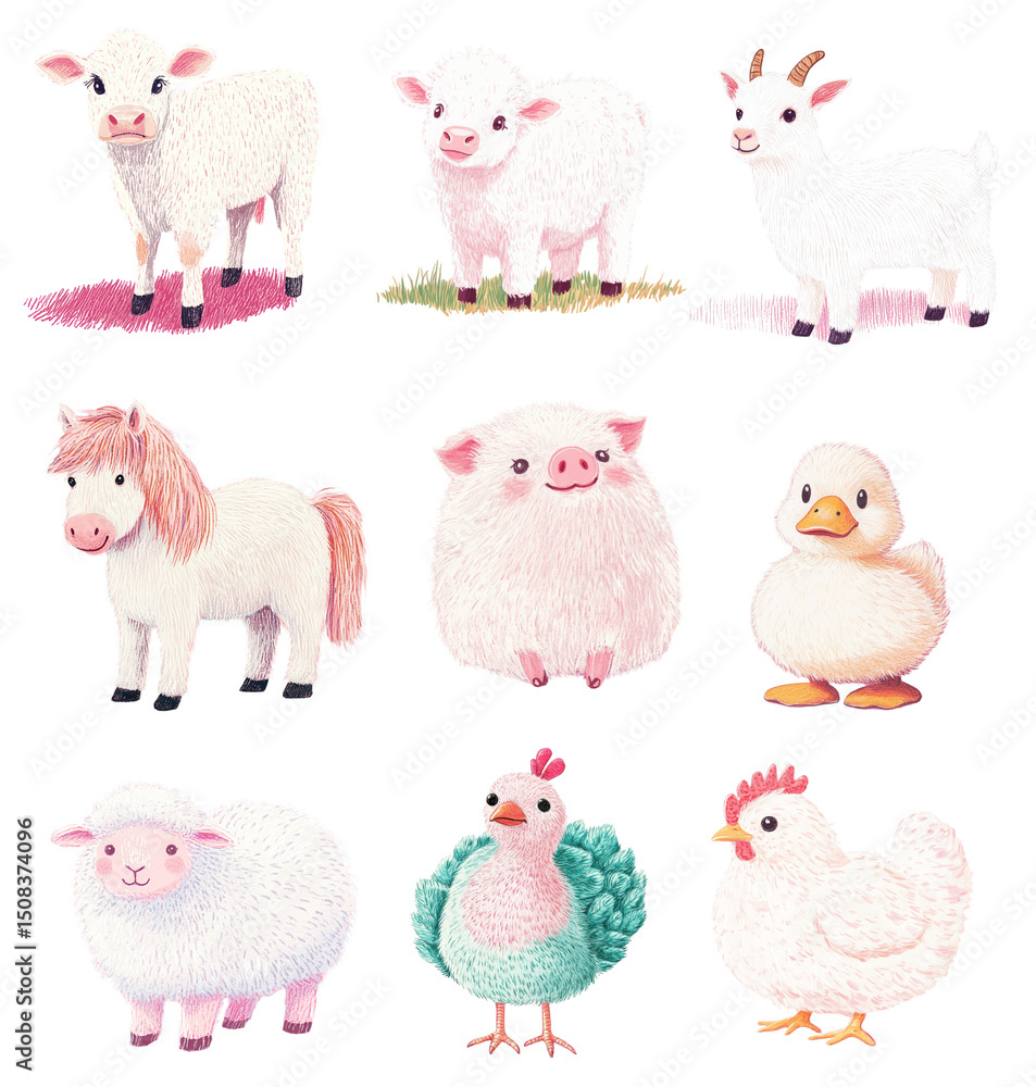 set of funny farm animals isolated on white background set of funny farm animals isolated on white background