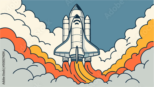 Colorful vector illustration of a modern space shuttle launching with fiery exhaust and billowing smoke clouds