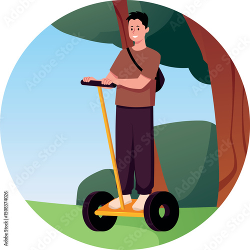 Young man ride electric scooter, gyroscooter segway with handle in the forest, cartoon ECO transport vector round frame