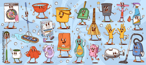 Groovy cleaning, washing and household characters of vector housekeeping tools and supplies. Funny retro bucket, broom and mop, soap, gloves and sponge. Groovy washing machine and vacuum characters